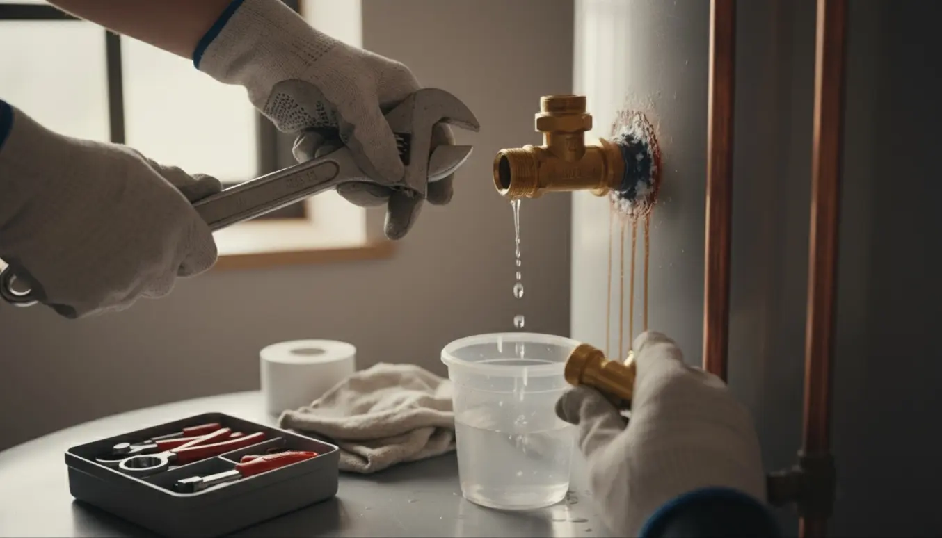 Hænder skifter en dryppende sikkerhedsventil på en varmtvandsbeholder med værktøj og spand.