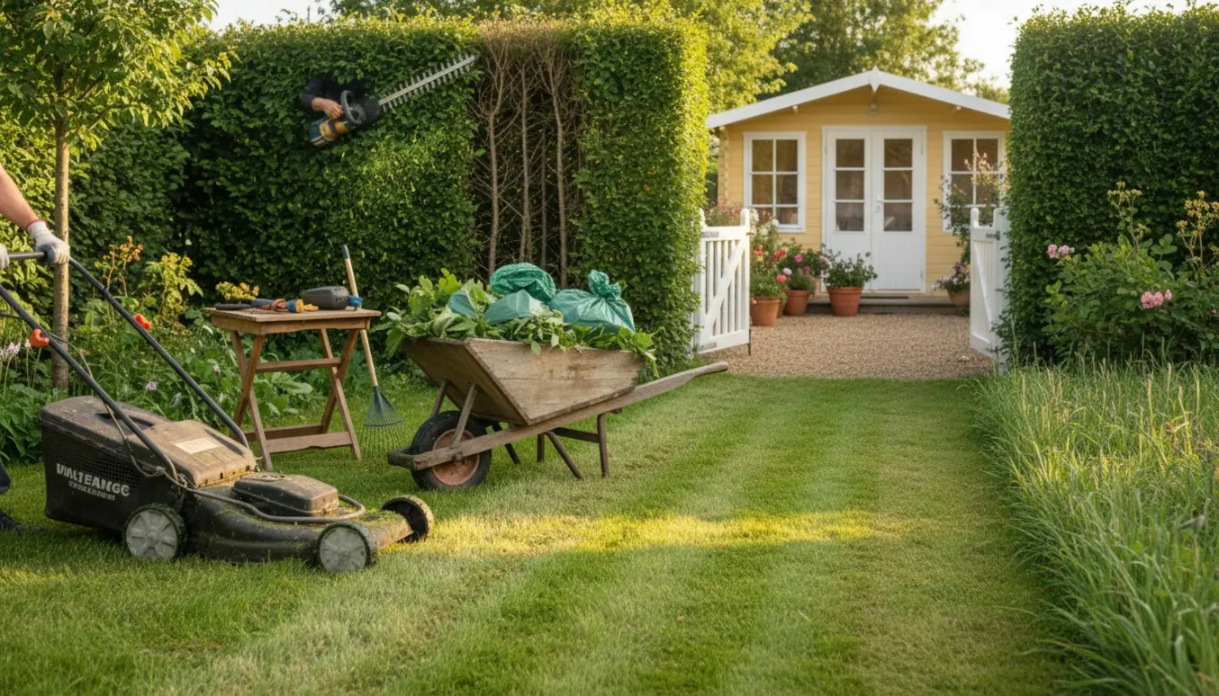 Sommerhushave med høje hække under klipning og en plæneklipper, trillebør med afklip og åbent havegennembrud.