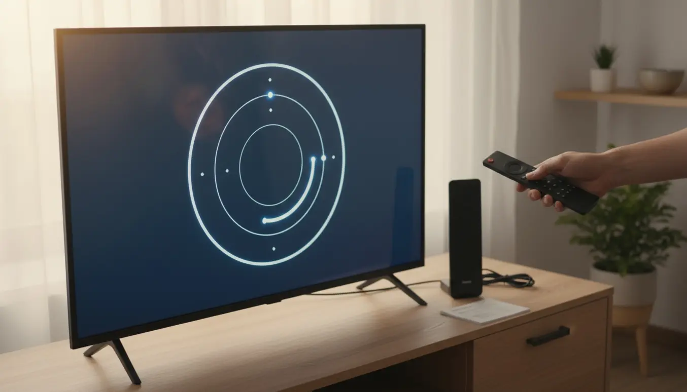 Nyt Android-tv med indendørsantenne og en hånd, der peger fjernbetjeningen mod skærmen under kanalsøgning.