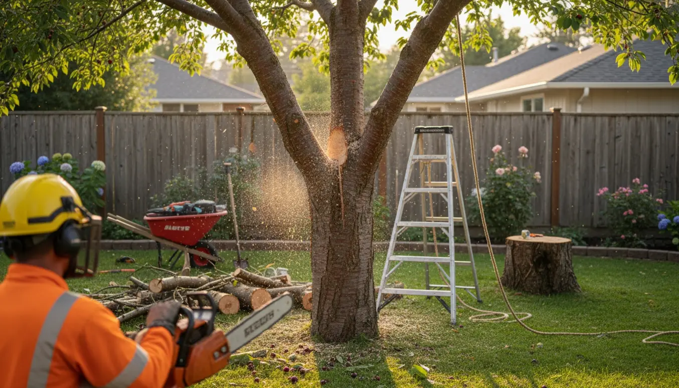 Arborist fælder et stort kirsebærtræ i baghaven med motorsav og reb, set bagfra.