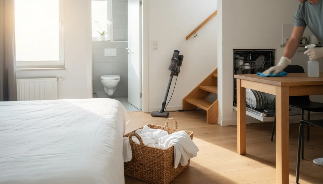 Oversigt over en rengjort to-etagers Airbnb-lejlighed med nypudset seng, foldede håndklæder, støvsuger i gangen og åben opvaskemaskine.