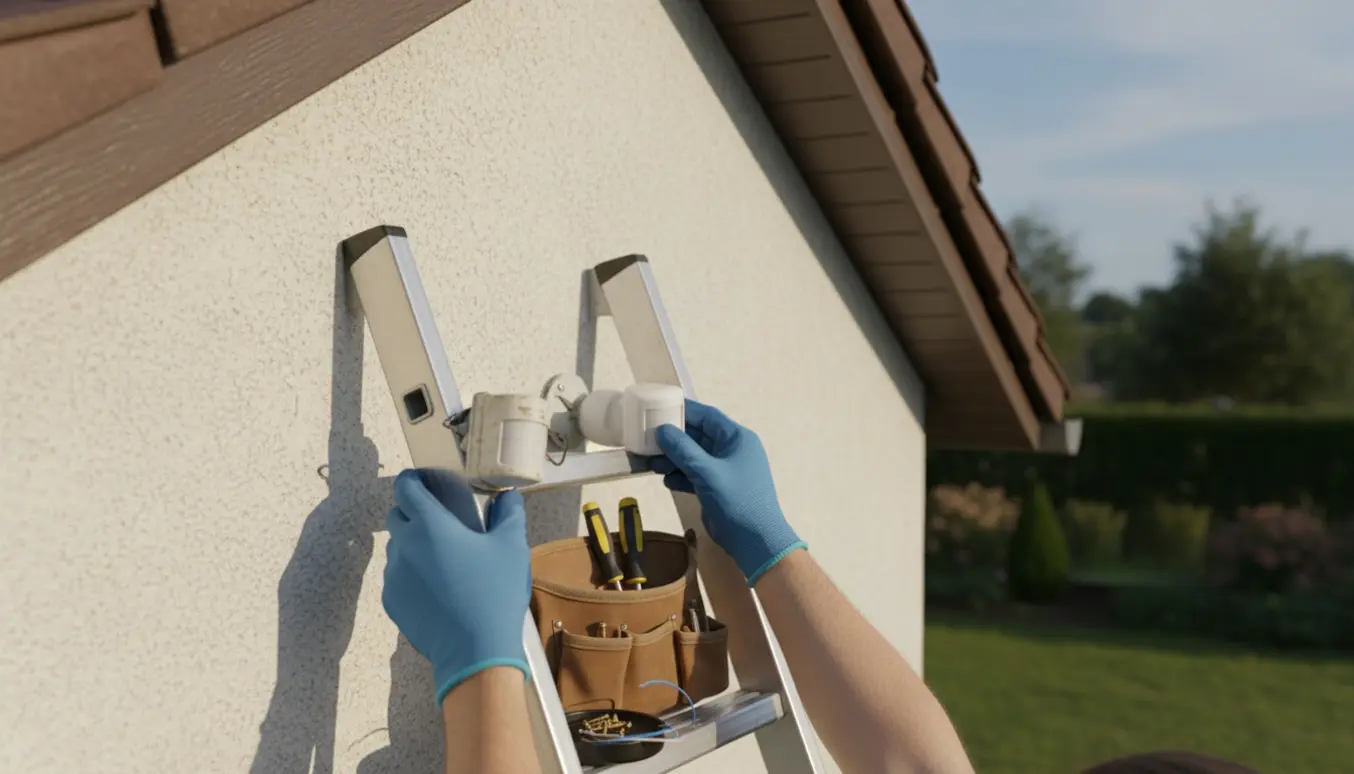 En person på en stige udskifter en udendørs bevægelsessensor på gavlen af et etplanshus med skruetrækkere og ny sensor synlig.