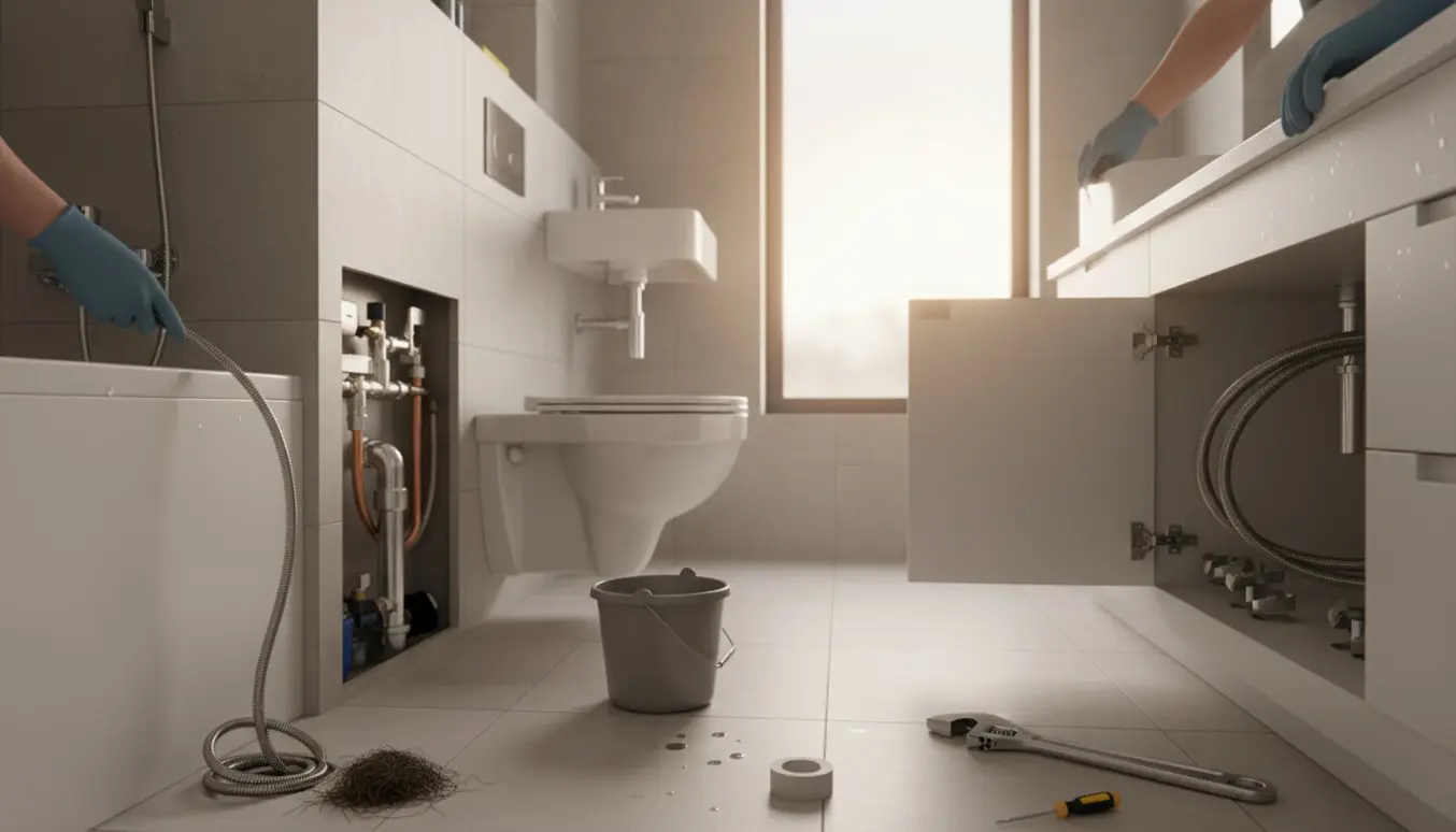 VVS-tekniker tjekker en indbygget væghængt toiletcistern, renser badekarafløb og inspicerer opvaskemaskineslanger.