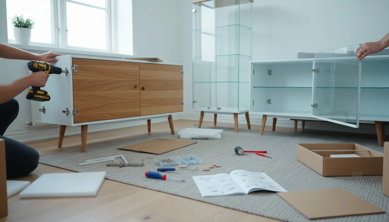 Samling af et moderne egetræs-skænk og to glasvitrineskabe med værktøj og dele på trægulv.