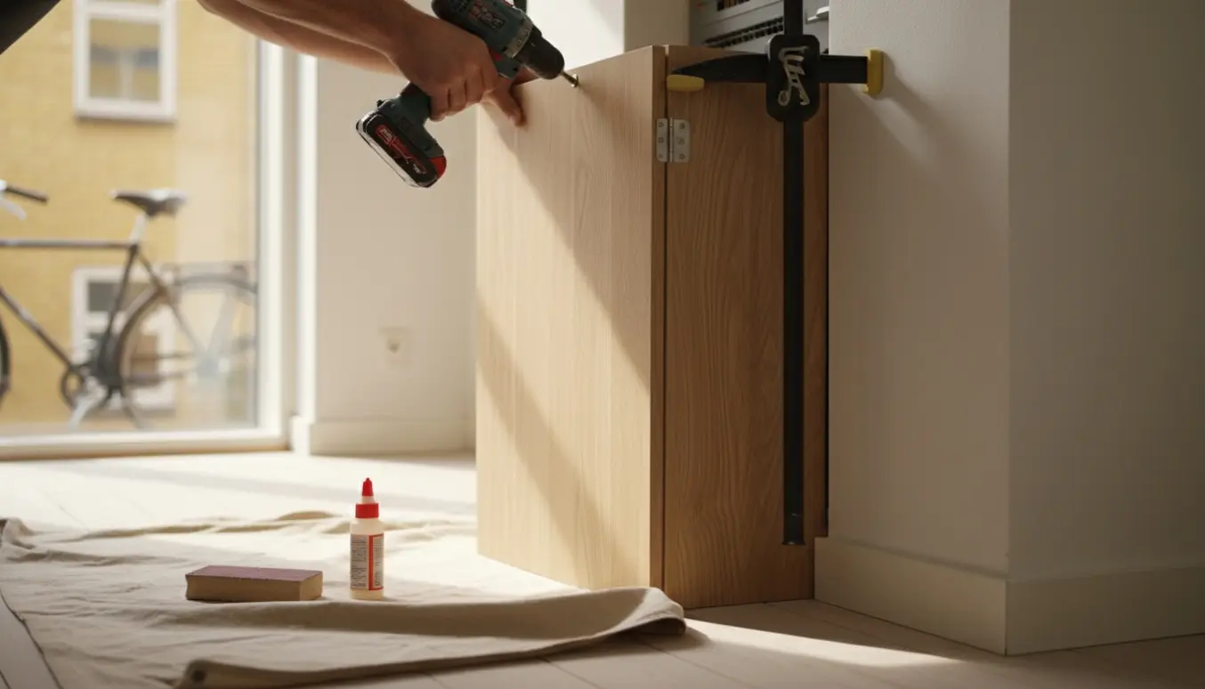 Hænder monterer et smalt trækabinet, der skal skjule et elskab i en lys Østerbro-gang.