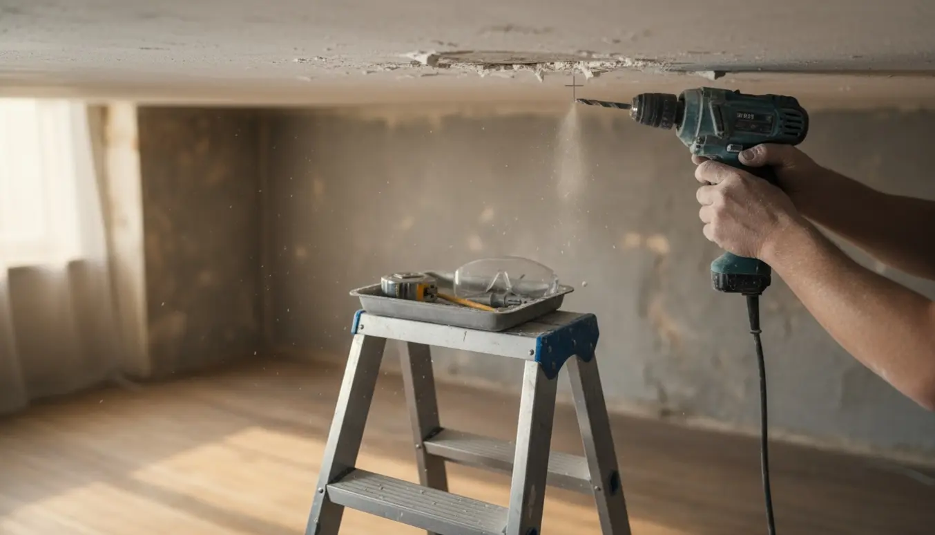 Hænder på en stige forbereder installation af en loftkrog i et gammelt pudset loft med værktøj og rawlplug ved siden af.