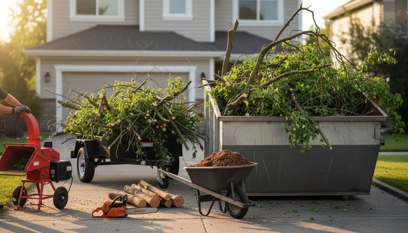 Beskårne trægrene læsses i en container på indkørslen, mens en lille trailer er tydeligt overfyldt.