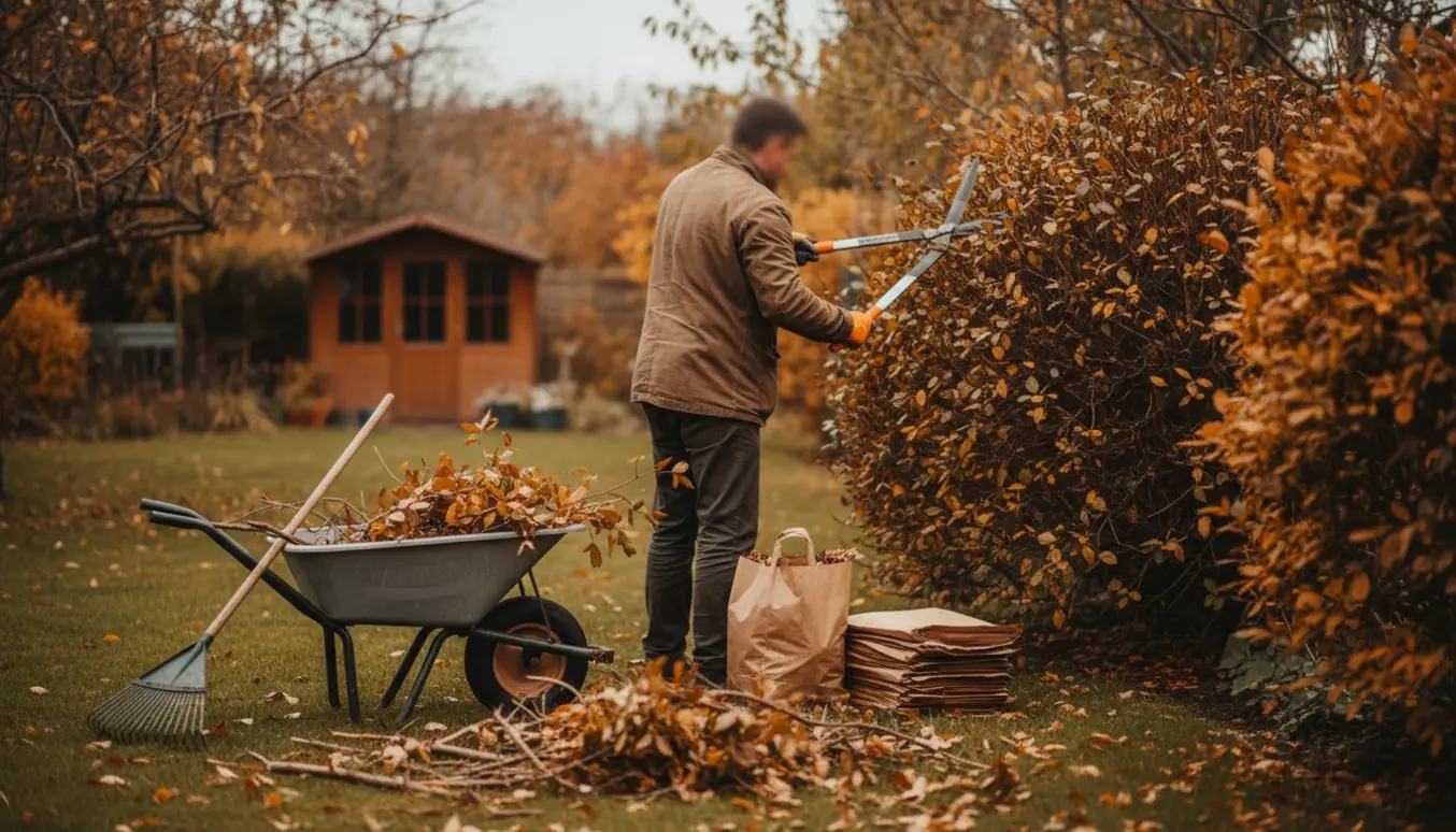 En gartner med ryggen til beskærer buske og samler afklip i haven for vinterklargøring.