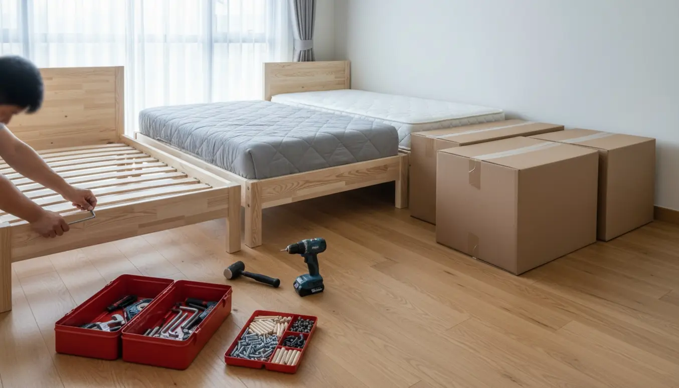 To enkeltsenge delvist samlet i et lyst værelse med flade pakker og værktøj.