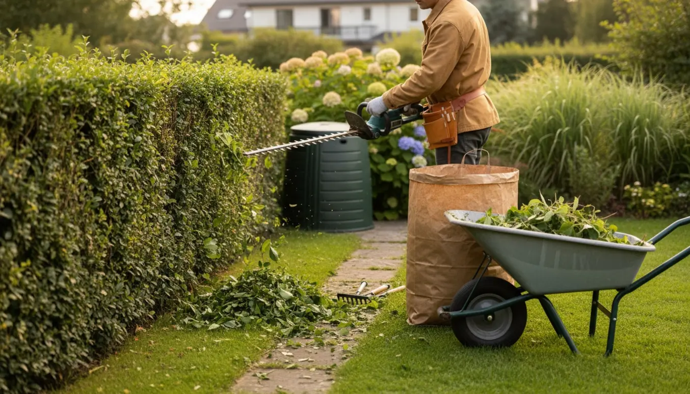 En person former hæk med en hekkeklipper mens afklip ligger i en trillebør i en solbeskinnet have.