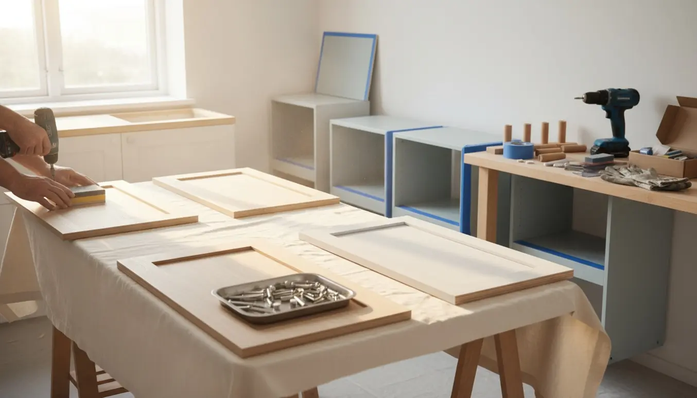 Afmonterede køkkendøre, skuffefronter og Montana-reoler klargøres til lakering med værktøj og løse greb i et lyst køkken.