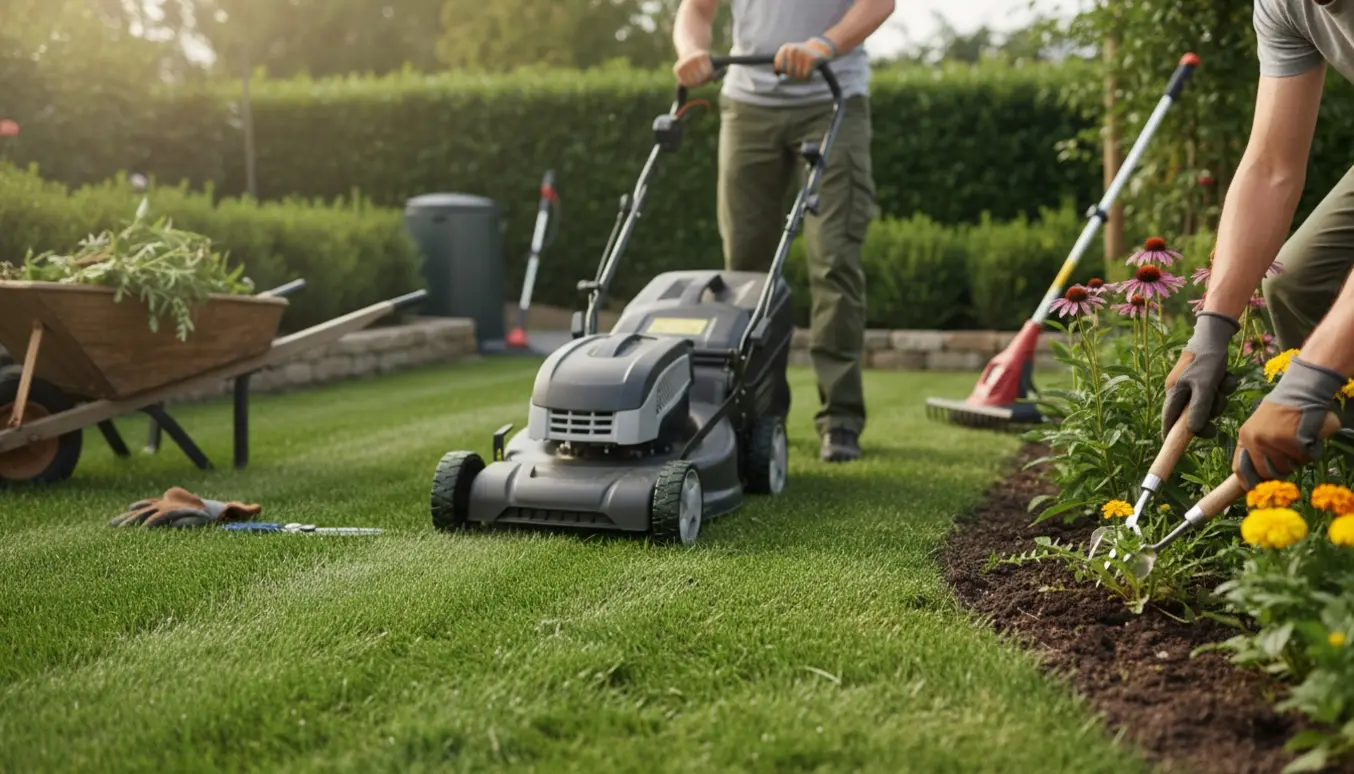 Nærbillede af havearbejde med plæneklipper, rive og haveredskaber mens græs klippes og ukrudt fjernes.