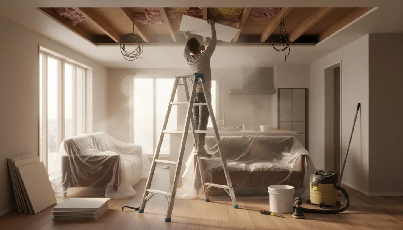 Fjernelse af sænket loft i stue/køkken med stige, stak loftelementer og værktøj på beskyttede møbler.