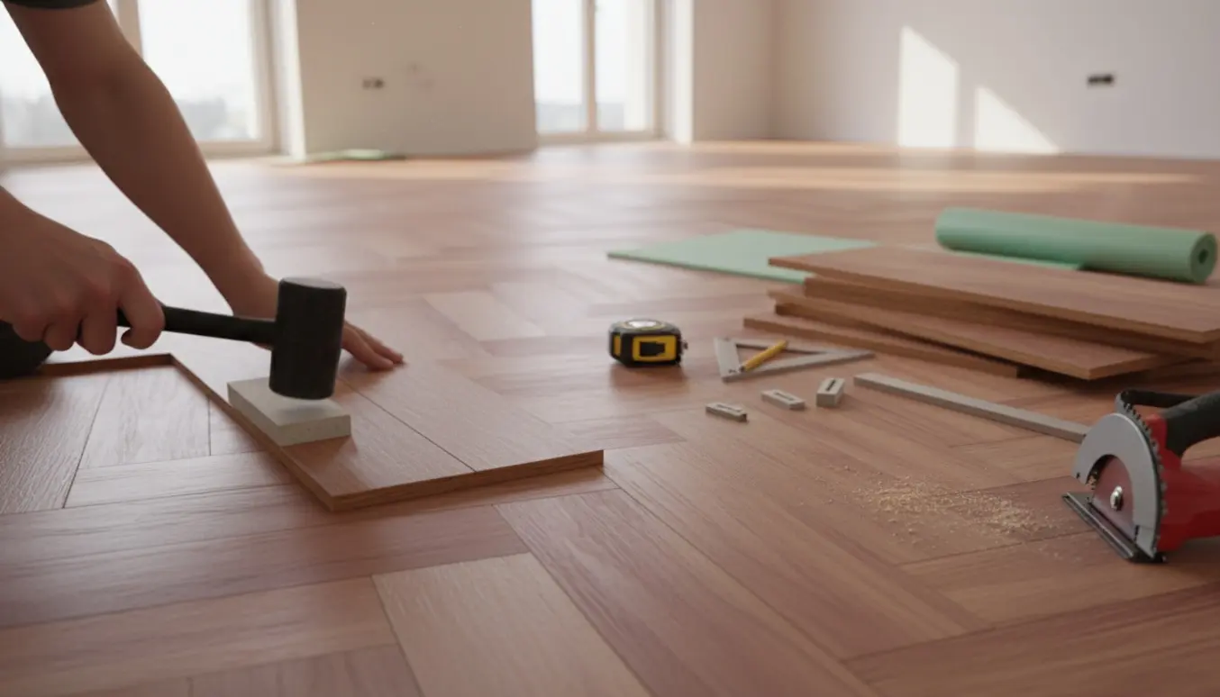 Hænder monterer sildebens klikgulv i varm bærton på eksisterende finérgulv i et solbadet rum.