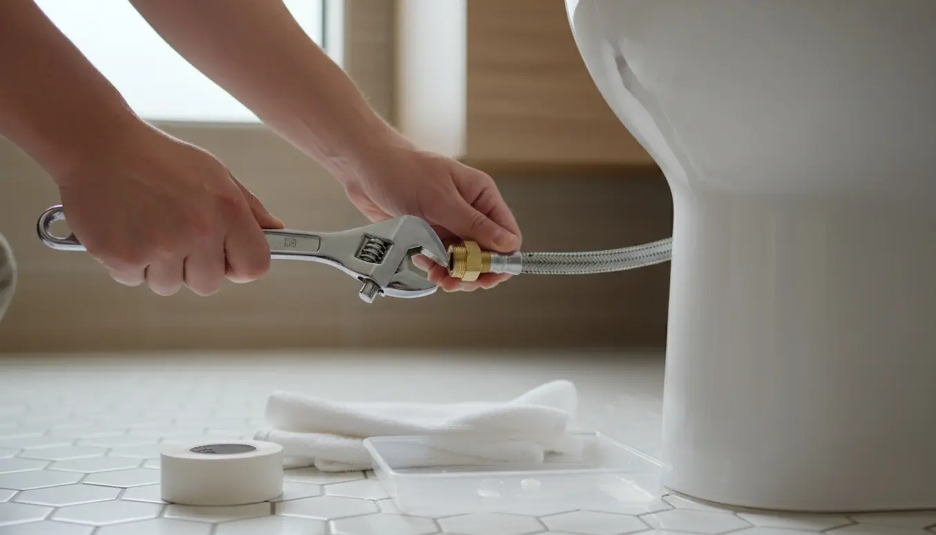 Nærbillede af hænder, der skruer en fleksibel vandforsyningsslange fast på et toilet.