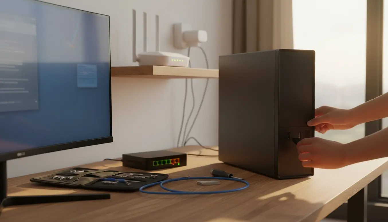 Hænder tilslutter en USB Wi‑Fi-adapter til en stationær pc ved siden af en router og rækkeviddeforstærker.