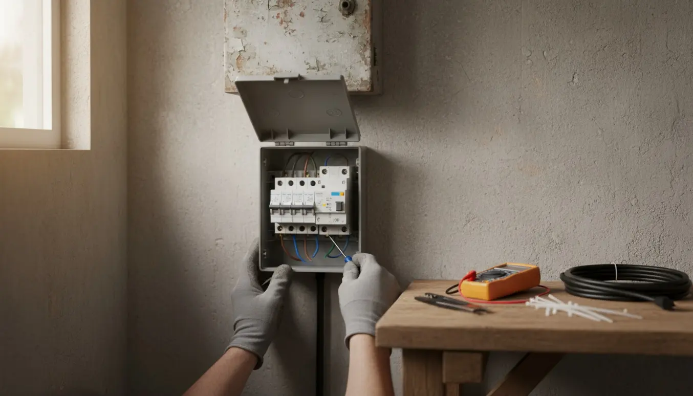 Ny kompakt eltavle monteres under en ældre tavle med tre afbrydere og HFI, teknikerens hænder arbejder med kabler.