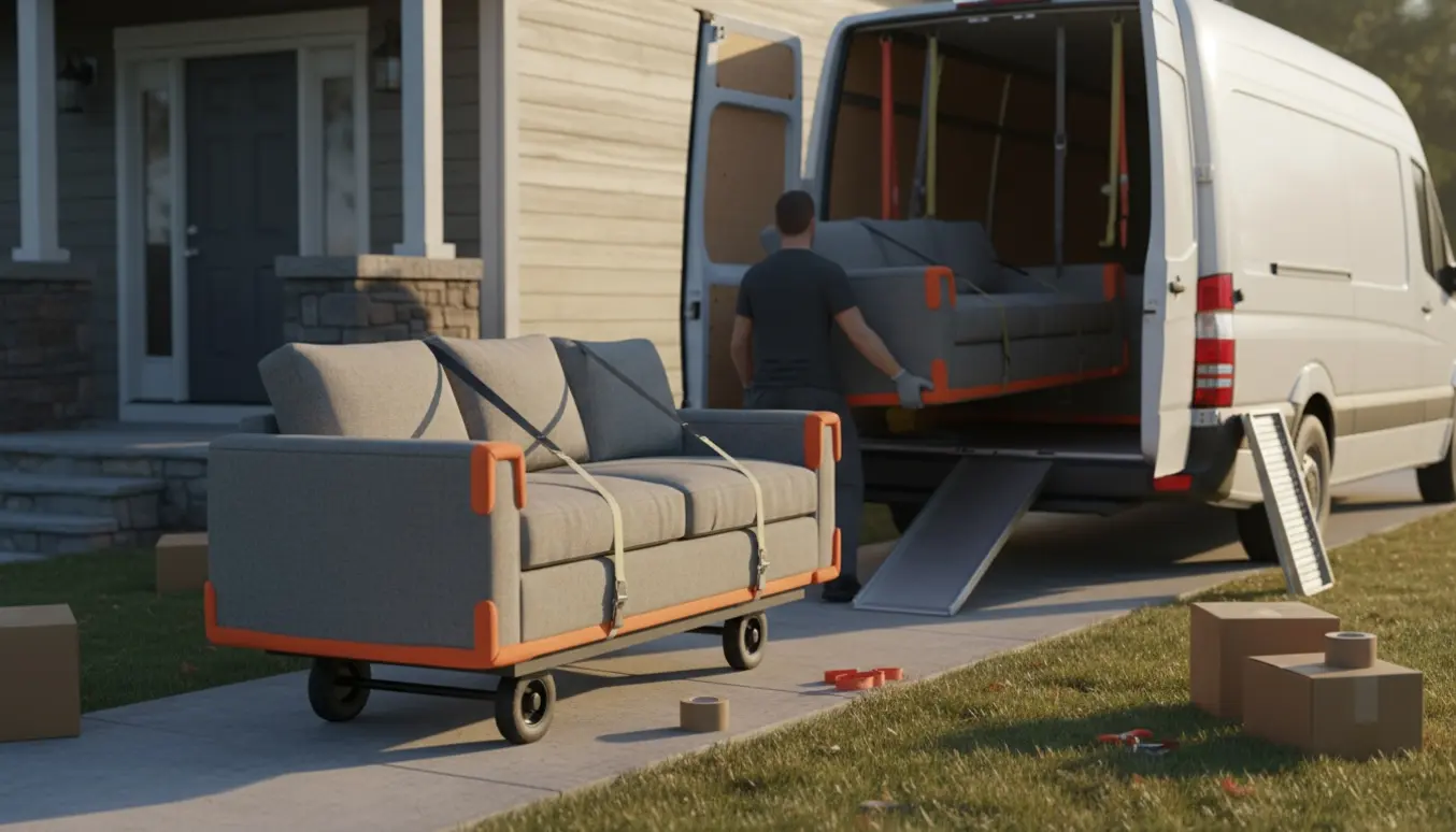 To hjælpere bærer et langt, tre-delt sofa-modul pakket i flyttetæpper ind i en hvid varebil ved en husindgang med få trappetrin.