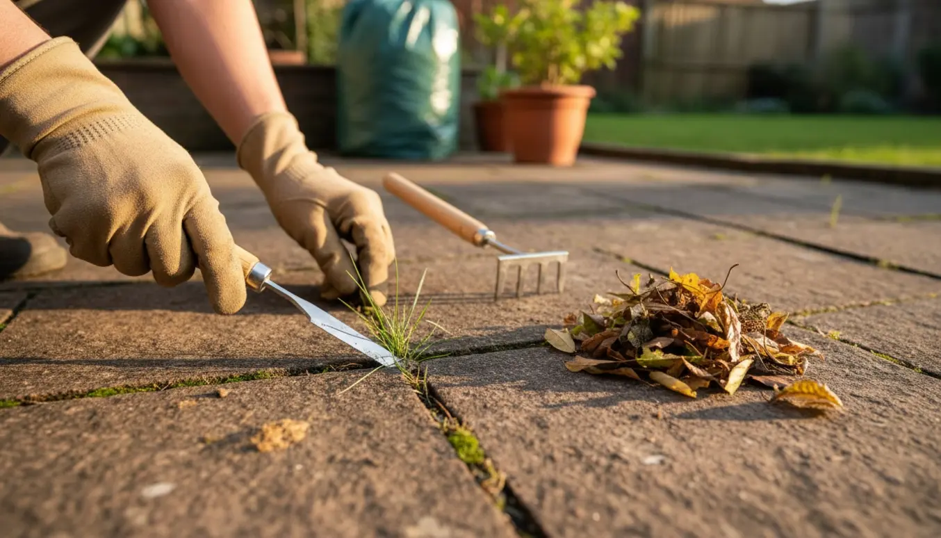 Nærbillede af hænder, der fjerner blade og ukrudt mellem fliser med haveværktøj klar til bortskaffelse.