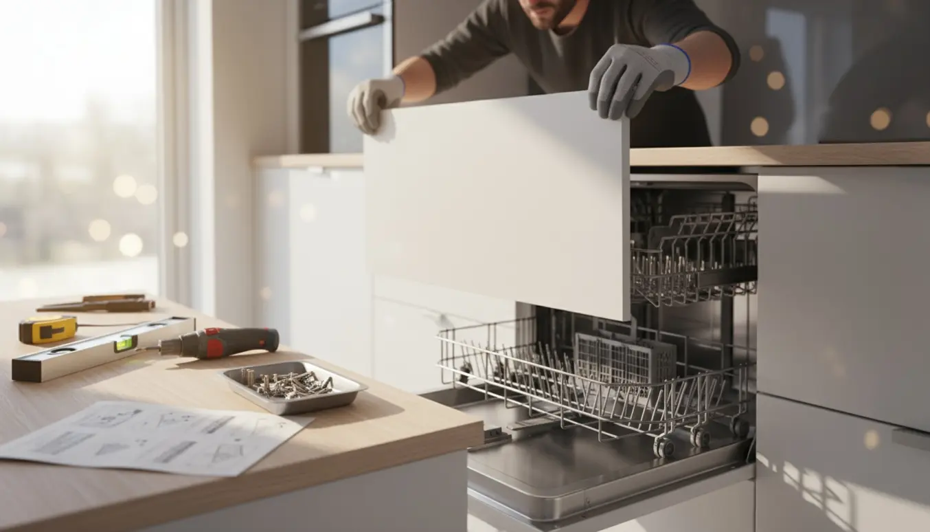 Nærbillede af hænder, der monterer en hvid Ikea‑style skabsfront på en indbygget opvaskemaskine i et lyst køkken.