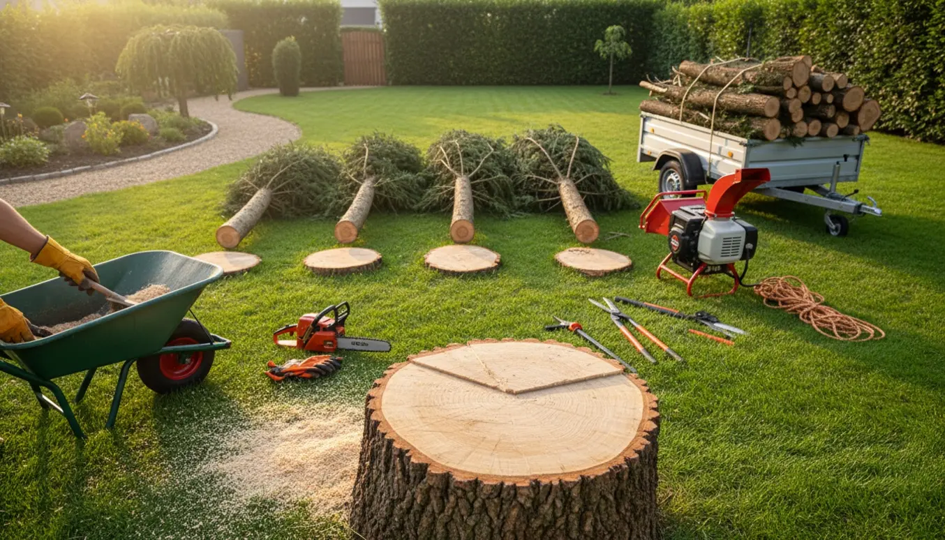 Fældede tuja- og grantræer ved rene stubbe i en have klar til afhentning.
