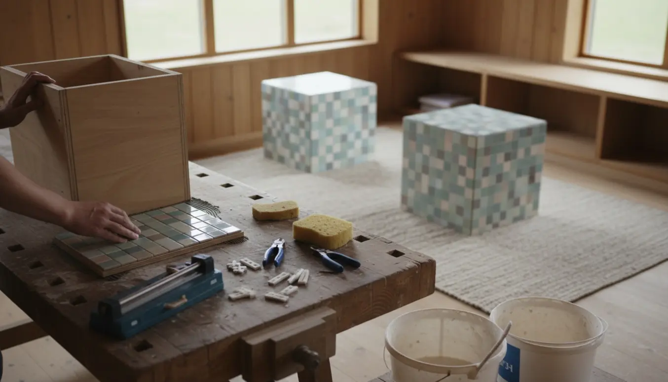 To kubiske sofaborde i mosaik under fremstilling på et lyst snedkerværksted, med værktøj og en færdig bordmodel i baggrunden.