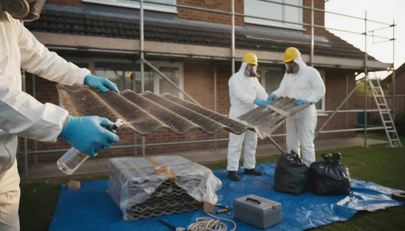 Beskyttede håndværkere fjerner og indpakker asbestplader fra et stilladsbeklædt tag.