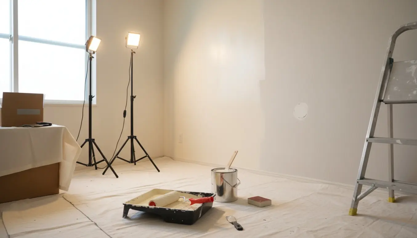 Lille værelse under ommaling med malerulle, åben malerbøtte, stige og arbejdslygter.