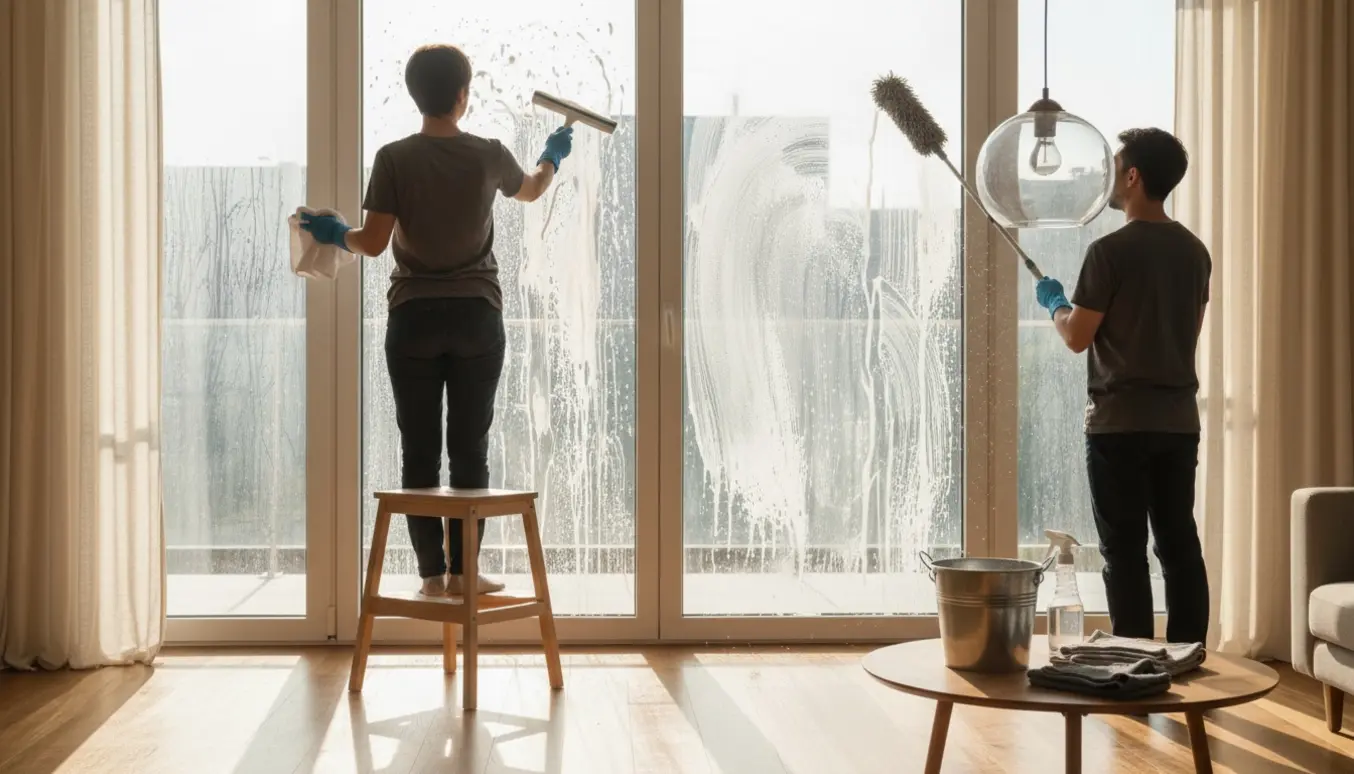 En person pudser et stort vindue med en svaber, mens en pendel-lampe afstøves i et lyst, moderne hjem.