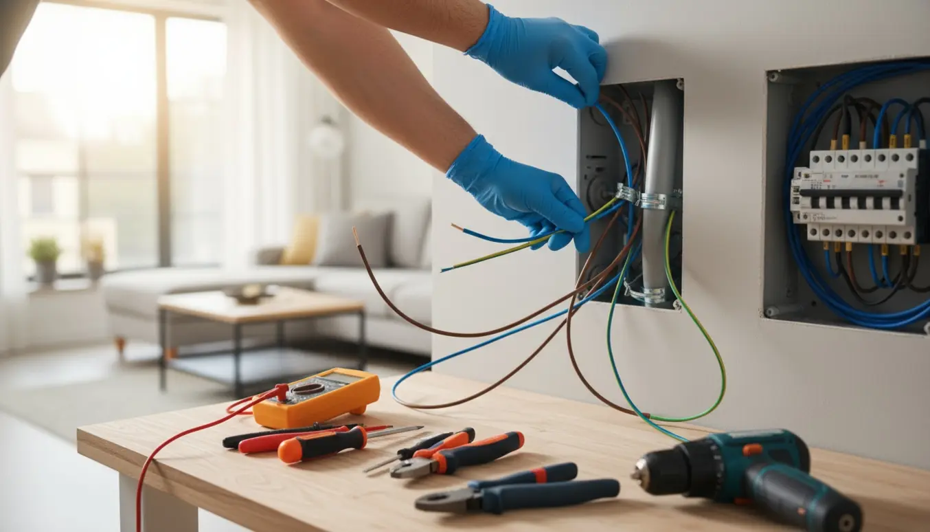 En elektriker arbejder med nye elinstallationer i en lejlighed, kun hænder og værktøj er synlige.