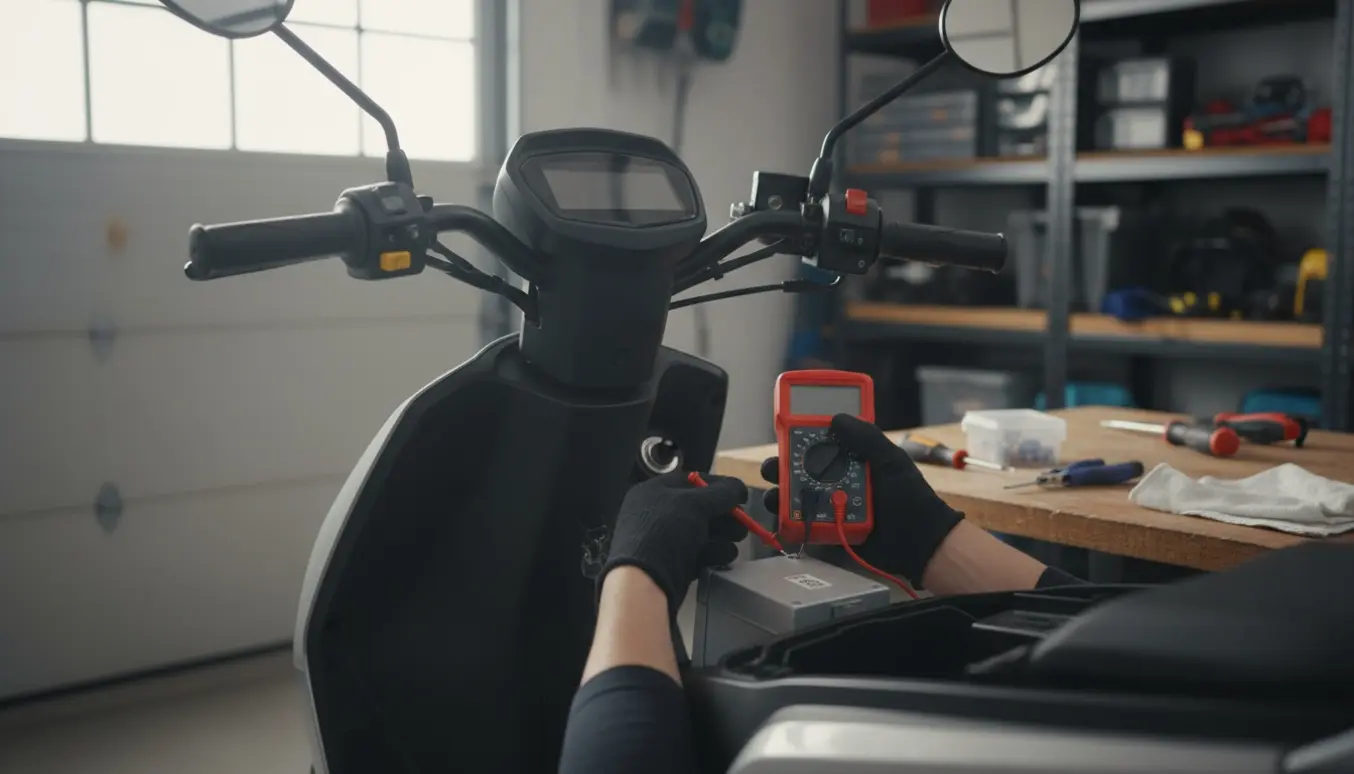 Nærbillede af en scooter i garage med handsker på hænder, der tester batteri og holder en fjernet sikring.