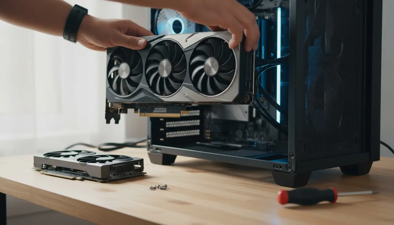 Åben PC med et nyt grafikkort holdt over bundkortet for at vise monteringsproblemer.