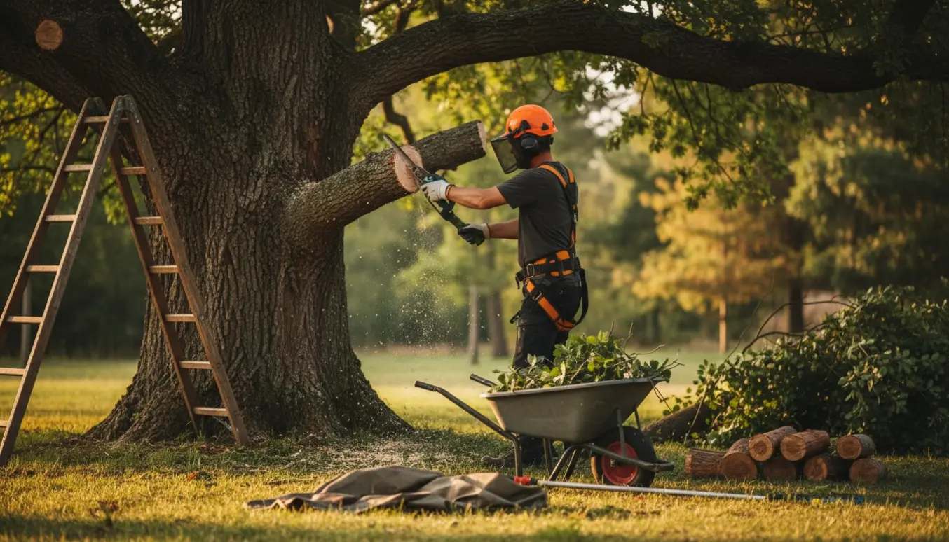 Arborist beskærer store træer i haven set bagfra med værktøj og afsavede grene.