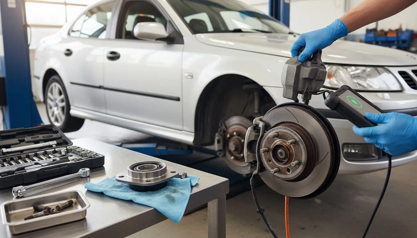 Mekaniker med handsker servicerer en Saab 9-3 (2006) med afmonteret forhjul og diagnostisk udstyr for at fjerne ABS-advarsel.