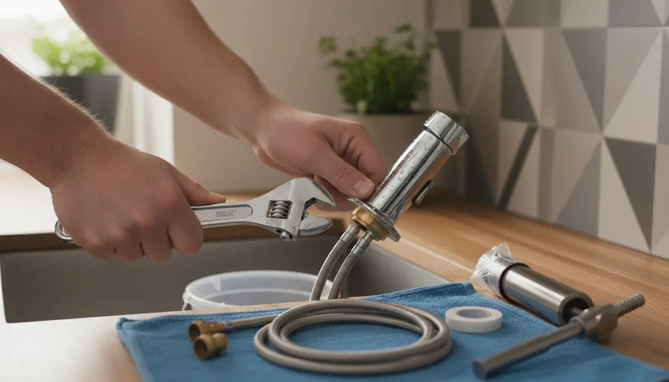 Nærbillede af hænder, der skifter en køkkenvandhane med nyt armatur og værktøj ved en rustfri vask.
