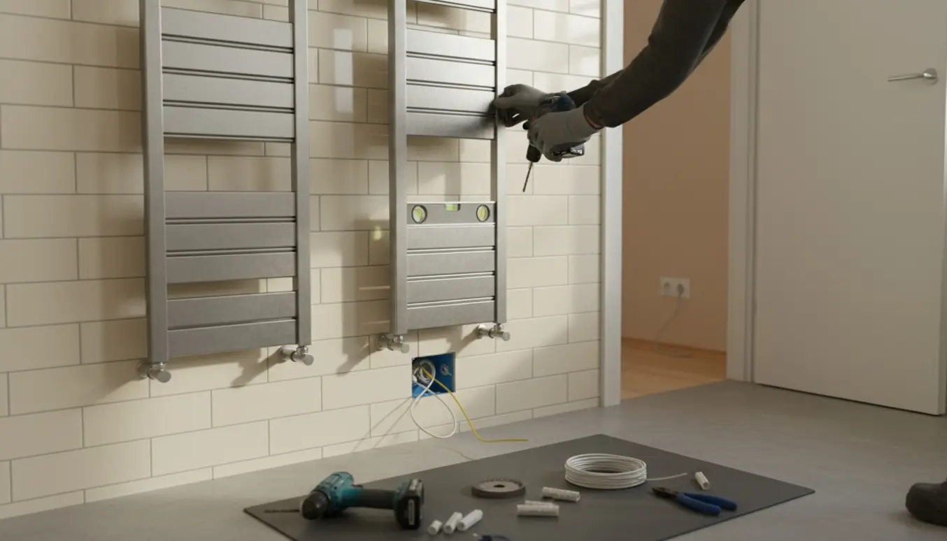 Hænder monterer to elektriske håndklædetørrere på flisevæg med skjult eltilslutning og værktøj fremme.