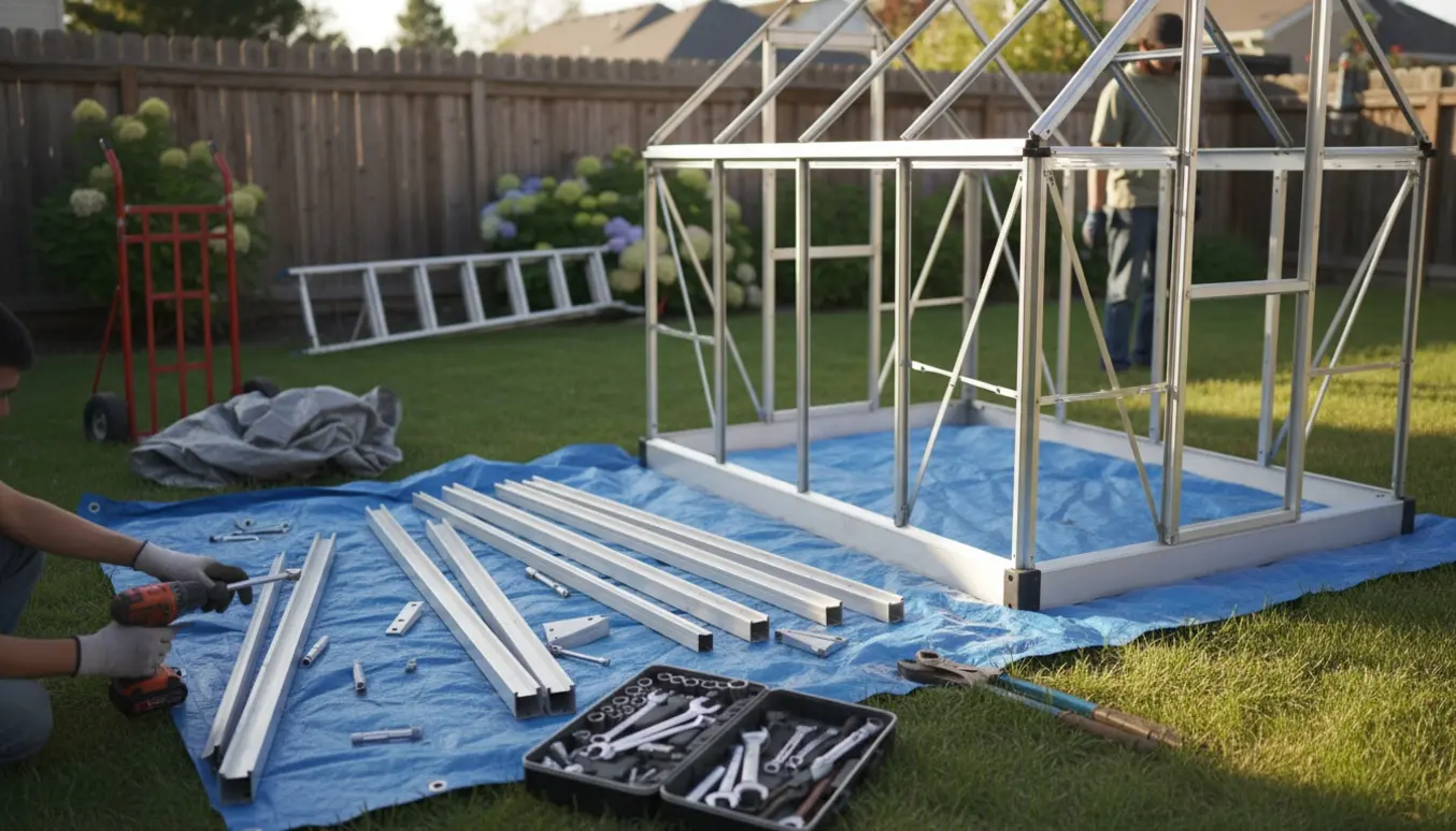 Demontering af et gammelt aluminiumdrivhus i baghaven med tom ramme og værktøj i forgrunden.