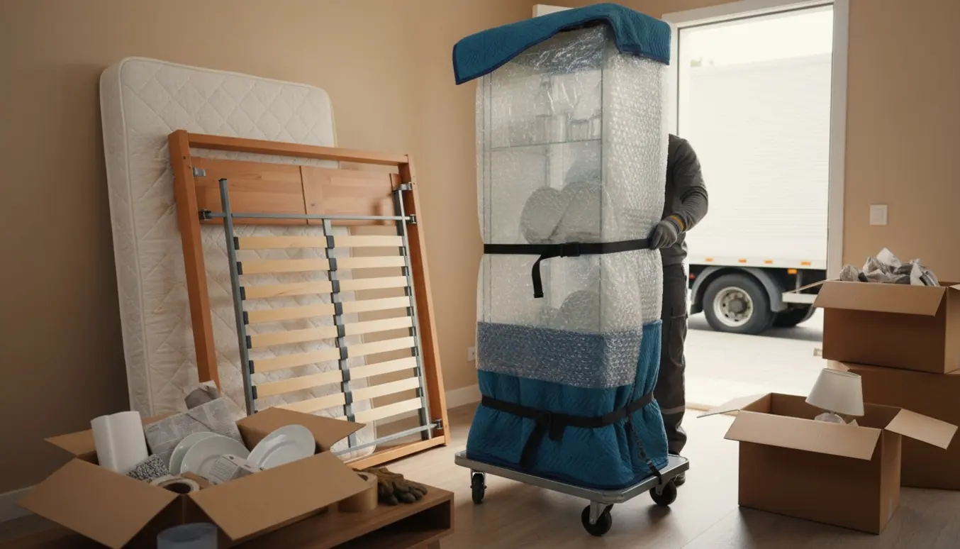 Flyttefolk pakker en 140 cm seng, et indpakket vitrineskab og småting foran en åben flyttebil.