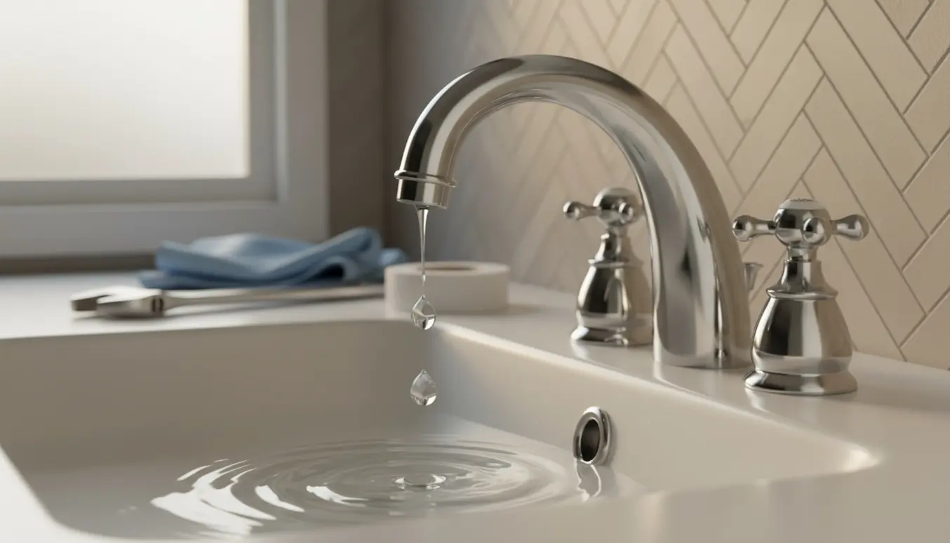 Nærbillede af en fransk badeværelsesvandhane i krom, der drypper over en porcelænsvask med værktøj ved siden af.