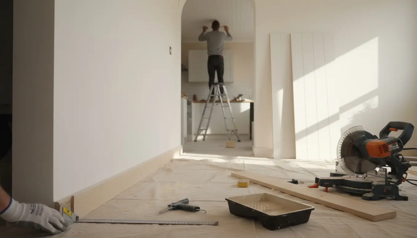 Hænder måler og holder et nyt fodpanel i entréen, mens køkkenloftspaneler står klar ved en stige.
