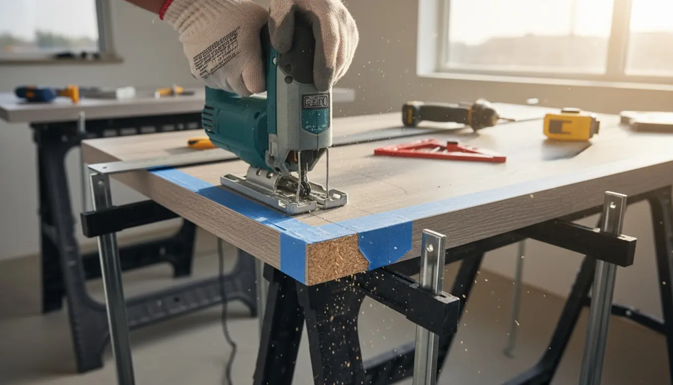 Hænder tilskærer en laminatbordplade med stiksav i et lyst køkken.