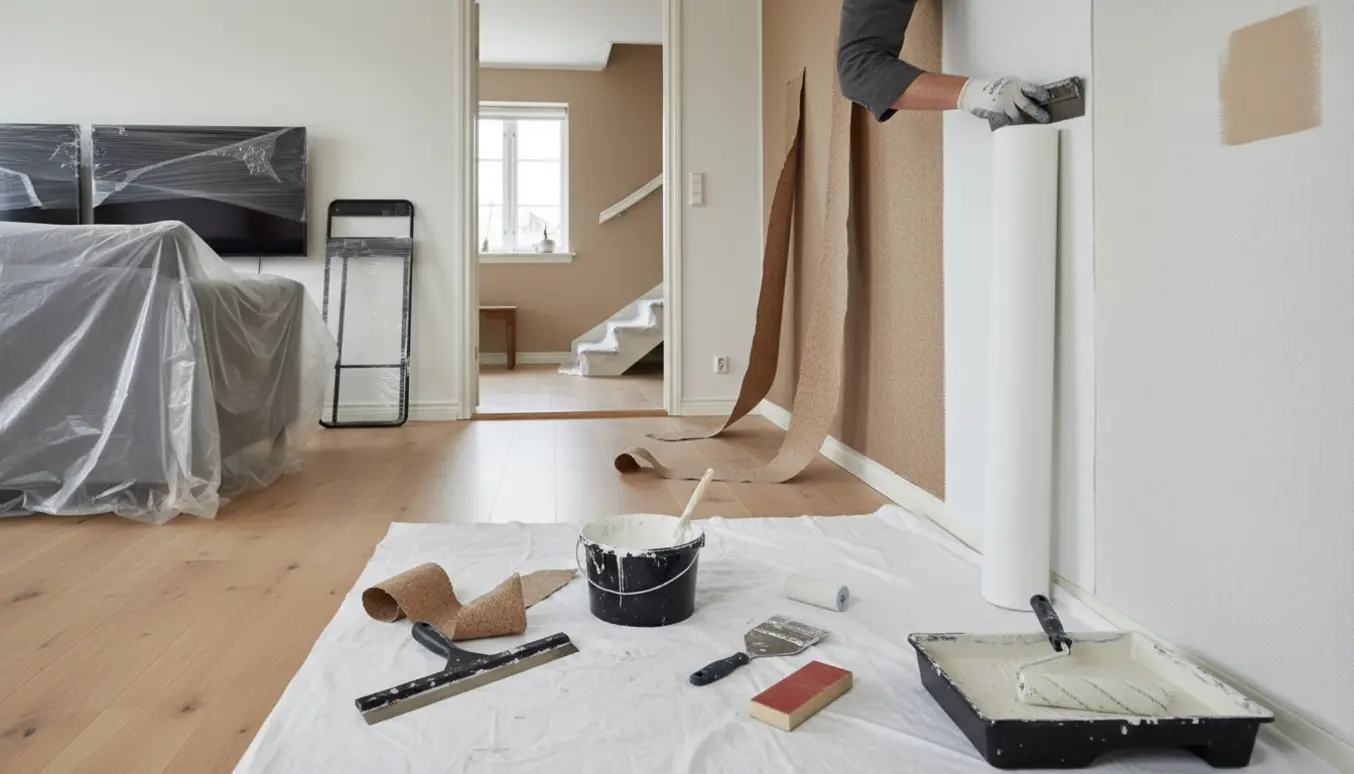 Indendørs renovering: fjernelse af savsmuldstapet, opsætning af væv og maling med værktøj og afdækkede TV.
