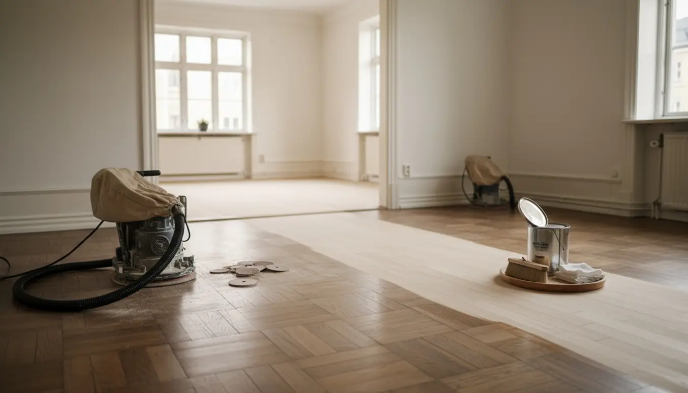 Delvist slebet parketgulv i en tom lejlighed med gulvsliber, sandpapir og åben bøtte naturolie.