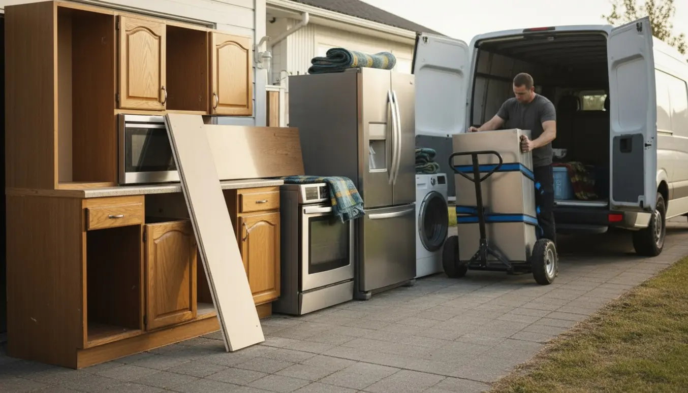 Indkørsel med stabler af gamle køkkenskabe, bordplader og store hvidevarer sikret til afhentning.