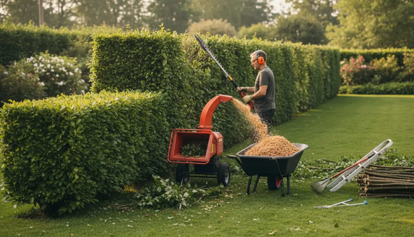 En opvokset have med en bøgehæk under beskæring, flishugger og friske flis ved siden af.