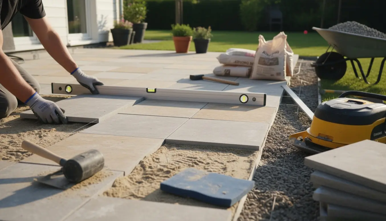 Hænder, der lægger fliser på en terrasse med værktøj og materialer i baggrunden.