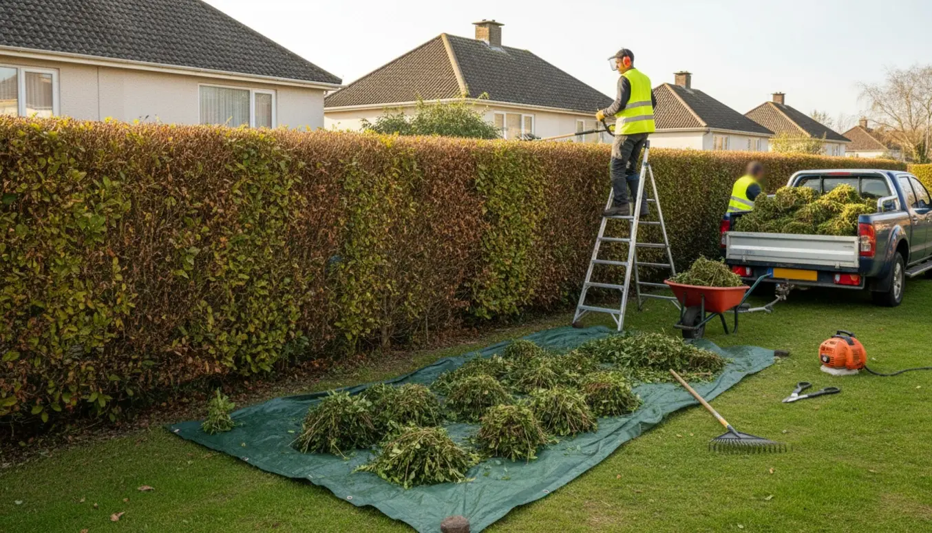 En lang hæk klippes i toppen, og grene samt haveaffald samles i en trailer.