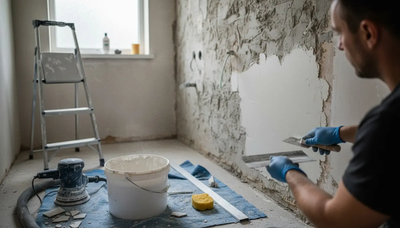 Hænder pudser og sliber ujævne cementvægge i et lille badeværelse efter fliser er fjernet.