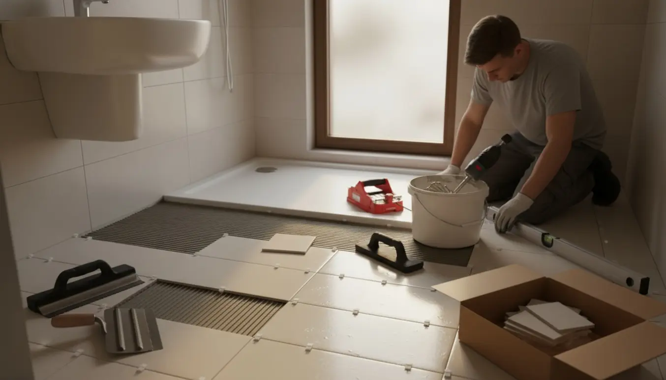Nærbillede af en murer, der lægger fliser på gulvet i et lille badeværelse med fliseklæb og værktøj.
