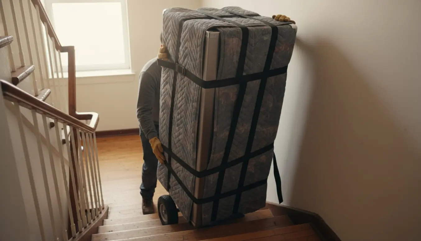 To personer bærer et højt køle-/fryseskab ned ad en trappe med sækvogn og remme, uden at deres ansigter ses tydeligt.